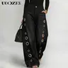 UOOZEE Women's 2026 Fall Vintage Wide-Leg Jeans - High-Waist, Buttoned, Geometric Hollow Pocket, Loose Cotton-Polyester, Street Style, Eyelet Cuts, Bold Denim, Fashion Statement Casual Festival Wear Bottoms