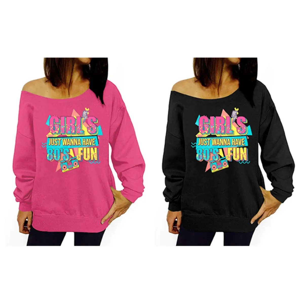 DUTUT 80s 90s Outfits for Women Girls Just Wanna Have Fun Off the Shoulder Sweatshirt Retro Neon Disco Pullover Casual Womenswear Oversized Graphic Hoodie