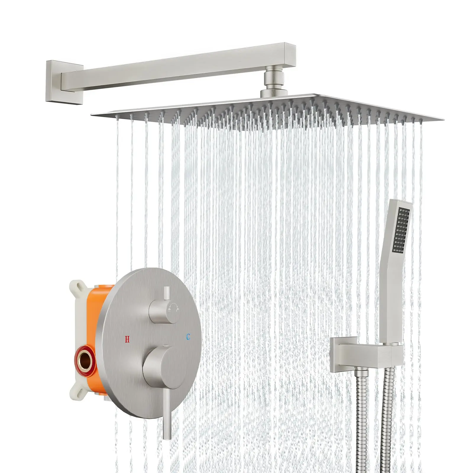 Garvee Luxury Wall Mounted Rainfall Shower System with 10 to 12 Inch Square Shower Head, Solid Brass Valve, High Pressure, Polished Chrome or Matte Black Finish, Includes Handheld Sprayer and Rough-in Valve for Bathroom