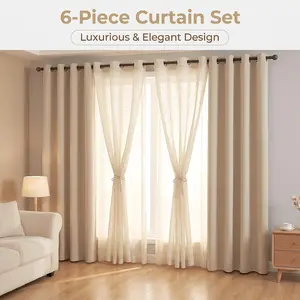 6 Panels Combination Grommets Curtains Including : 2 PANELS 54"x 84" Solid Full Blackout Curtains & 4 PANELS 34"x 84" Diamond Faux Linen Curtains QF222 FT2930 living room bathroom holiday decoration