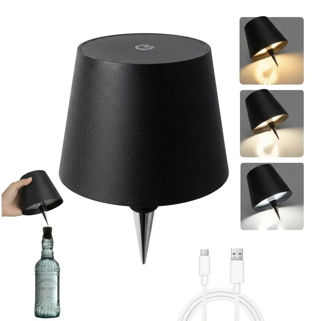 Cordless LED Bottle Lamp - Rechargeable Touch Control, 3 Color Stepless Dimmable, IP54 Waterproof Wine Bottle Light for Home Decor, Outdoor, Romantic Dinner Set Christmas Remote