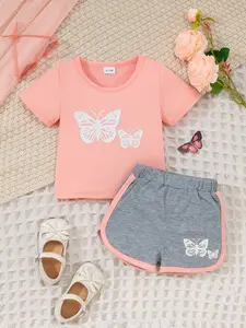 Girls' Butterfly Print Short Sleeve Top Shorts Set Outfit, Soft Breathable Fabric, Cute Elastic Waist, Suitable for Age Range 9 Months-4 Years, Versatile Use Gift Set