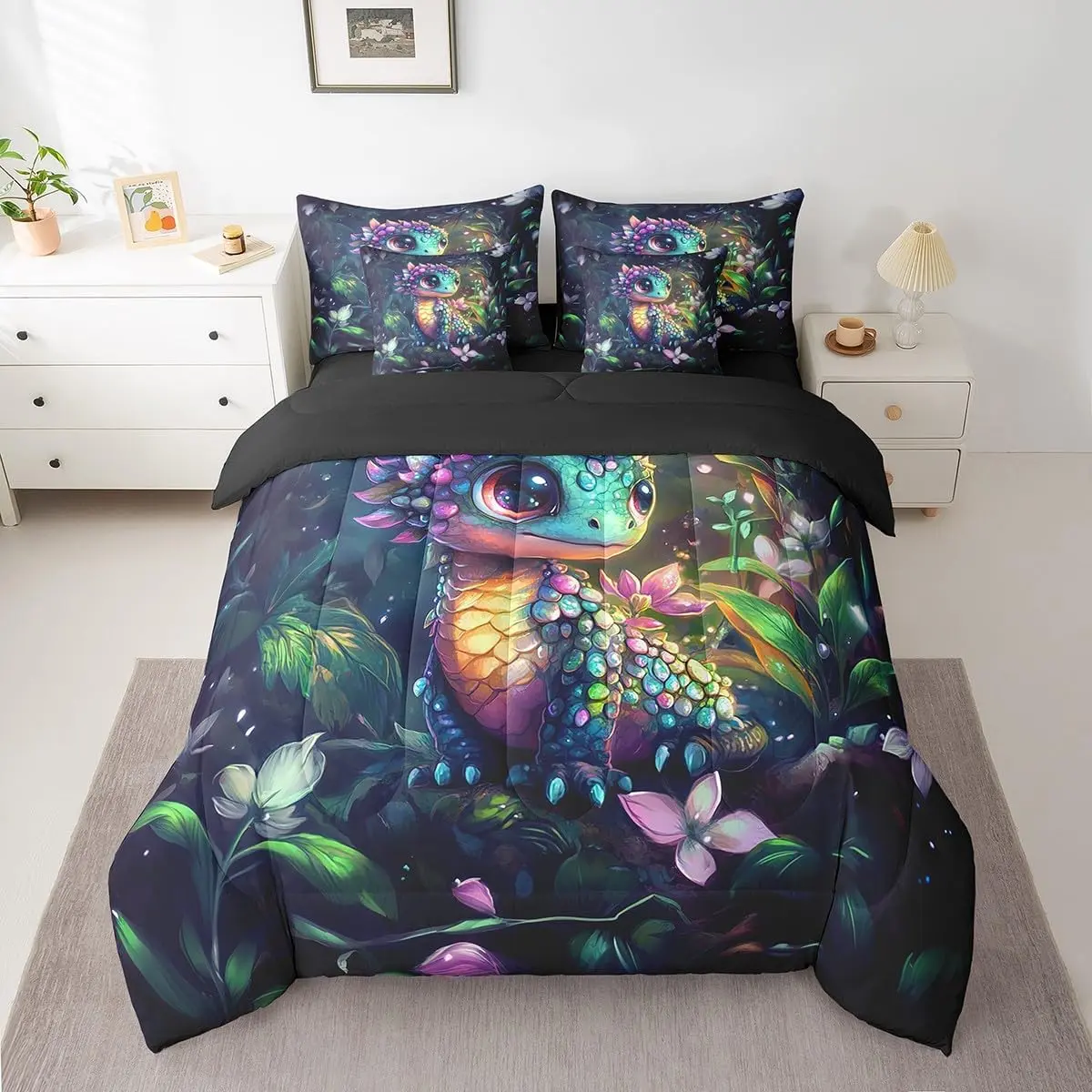Dragon Comforter Set with Sheets Dragon Stuff Bed in a Bag for Boys Girls Teens Wild Life 7 Pieces Bedding Set Flower and Grass Bed Set Room Decor Balck Green