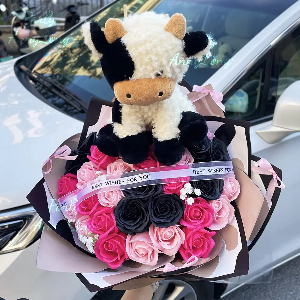 34 DIY Rose Artificial Flowers Cow Plush Doll Bouquet, Artificial Roses Bouquet, Unique Handmade Gift for Special Occasions, Beautiful Decorative Floral Arrangement, Decoration Bouquet, Decorative Bouquets, Artificial Flower Decorations