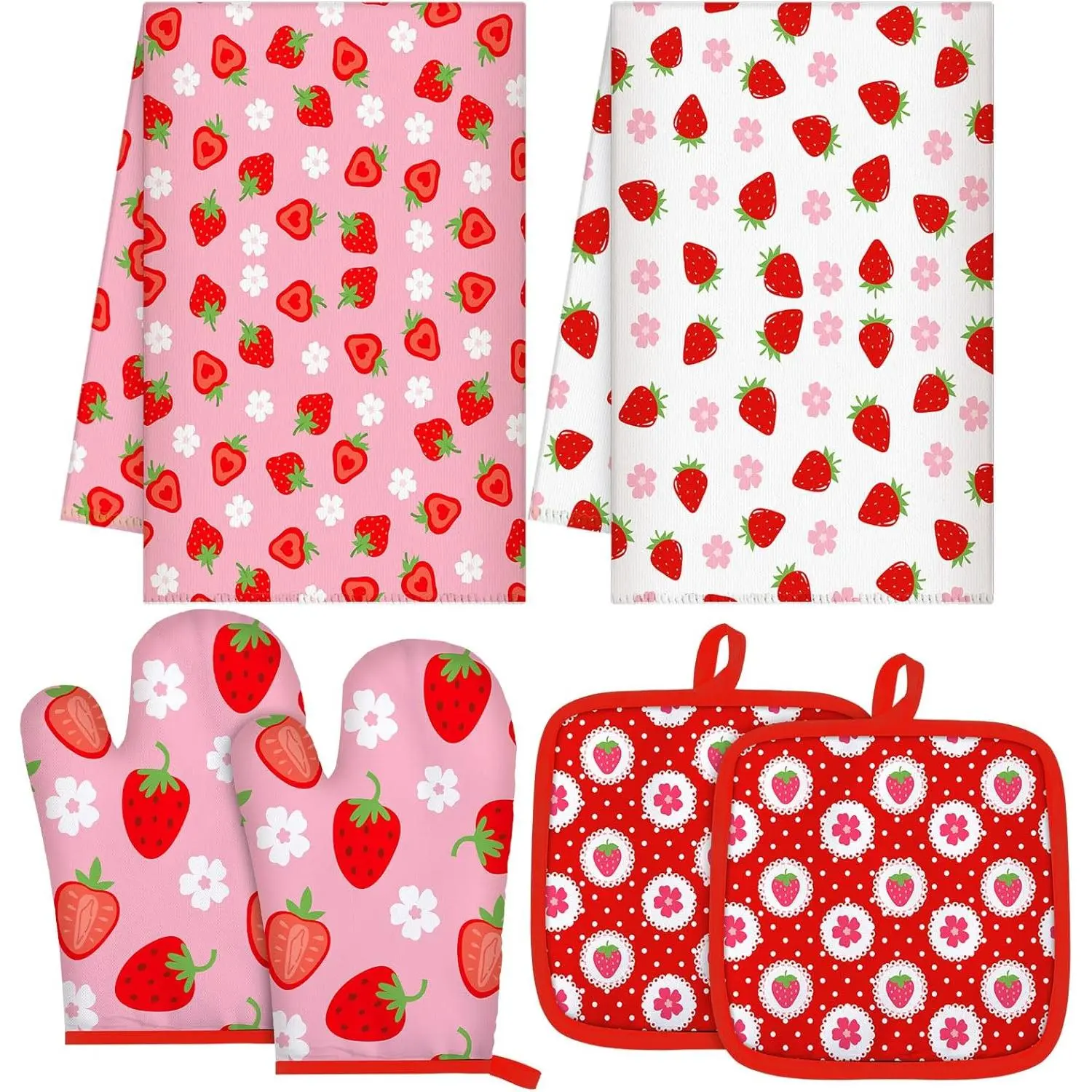 Hahafelt 6 Pcs Strawberry Kitchen Decor Accessories Include 2 Strawberry Towels 2 Pink Pot Holder 2 Cute Oven Mitt for Kitchen Bathroom Decor Baking Cooking Housewarming Gift