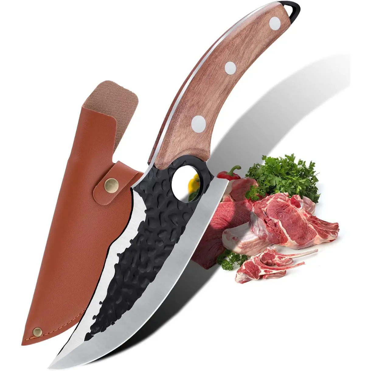 Hand Forged Chef Knife,6 Inch Viking Knife Butcher Boning Knife With Leather Sheath,Handmade Japanese Steel Kitchen Knife,Meat Vegetable Cutting Knife,Caveman Knife for Camping&Outdoor