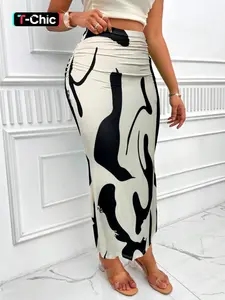 Women's All Over Print High Waist Skirt, Casual Fashion Ruched Long Skirt for Summer, Ladies Bottoms for Beach Holiday