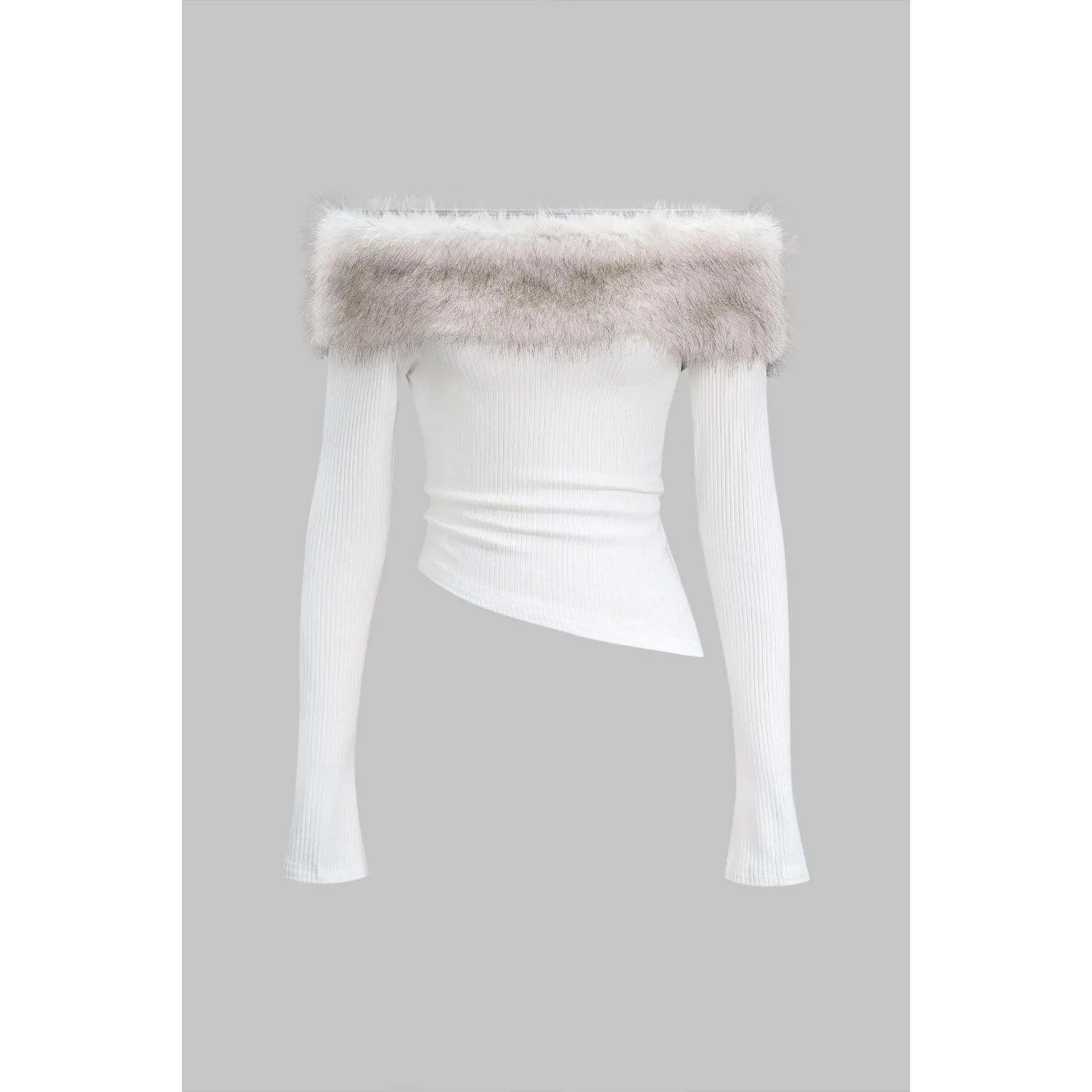 Women's Fitted Faux Fur Patchwork Off-Shoulder Long-Sleeve Jersey Knit Top