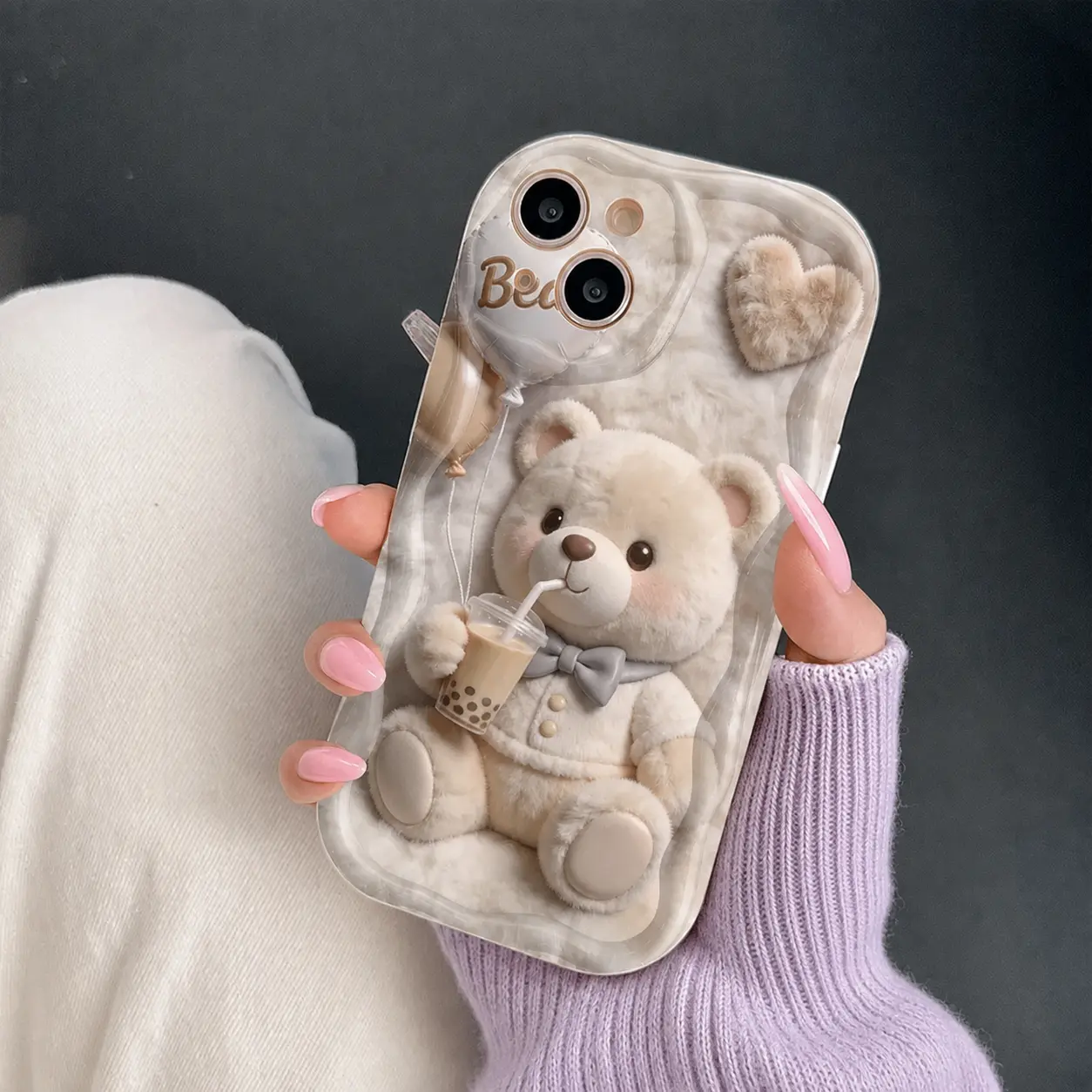 Phone Case: Cute Cartoon Bear Drinking Milk Tea Printed Phone Case, 2D Flat Design Value Phone Case, Drop-Proof and Scratch-Resistant Soft Protective Cover, Suitable for iPhone 17/16/15/14/13/12/11 Pro/Pro Max/Plus Series