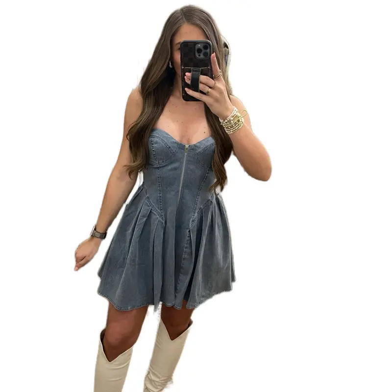 Strapless Denim Dress - Front Zip Denim Dress - Women’s Western Wear - Nashville Outfit Inspiration - Country Music Concert Outfit Inspiration