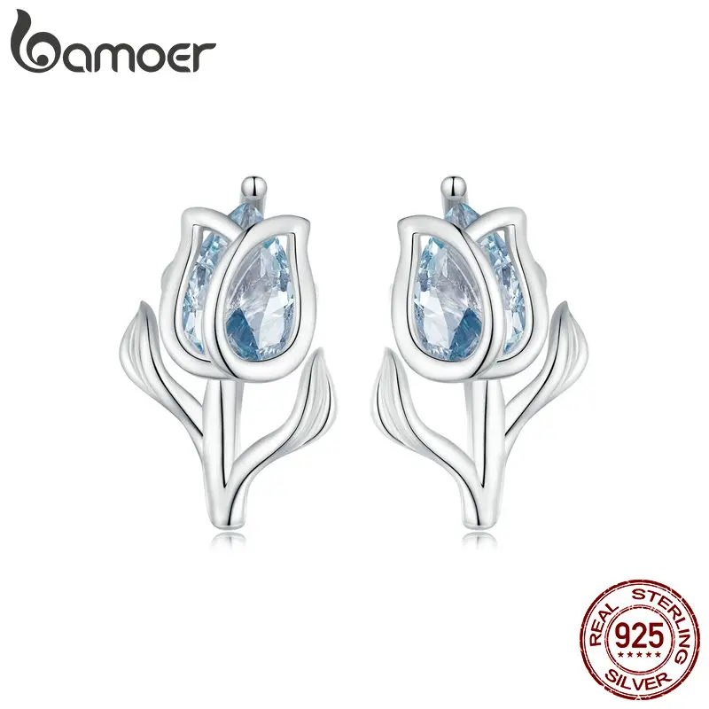 925 Sterling Silver Blue Exquisite Spinel Tulip Earrings Flower Stud Earrings for Women Party Fine Jewelry