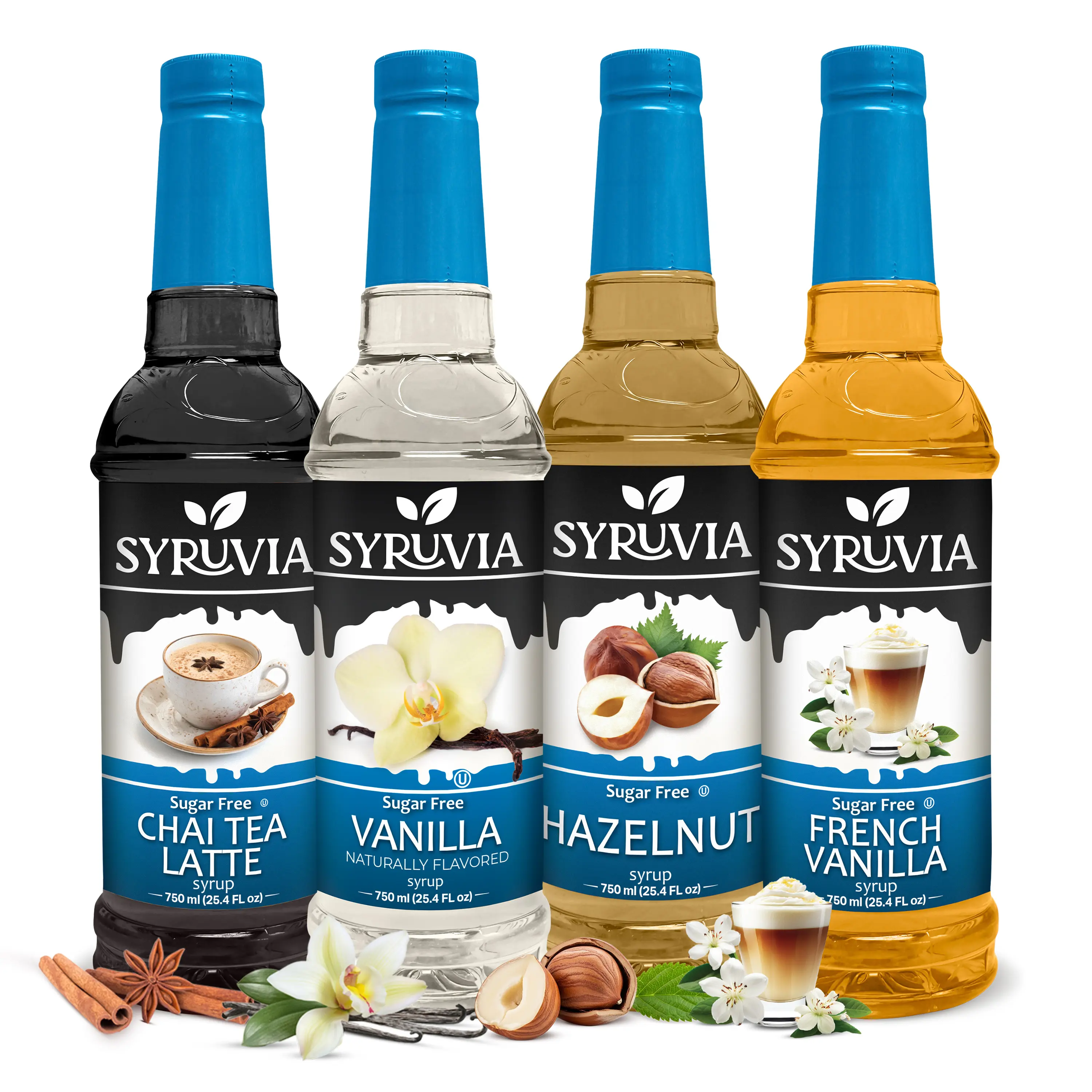 Syruvia Sugar Free Coffee Syrups Variety Pack – Chai Tea Latte, French Vanilla, Vanilla & Hazelnut – Gluten-Free, Kosher, 25.4 fl oz Bottles – Perfect for Lattes, Iced Coffee & More (4-Pack), Flavor, Beverage