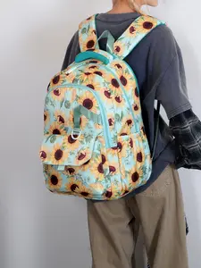 1pc  Women's backpack with large capacity, zipper closure, sunflower print, fashionable and versatile, personalized and trendy, suitable for students to go to school, campus, commuting, portable women's backpack