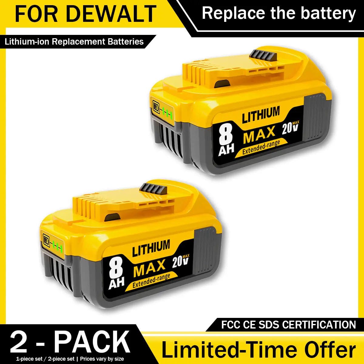DeWalt 20V Max Third-Party Reliable High Capacity Cordless Drill Battery - 8.0Ah Lithium-Ion, Compatible with DEWALT DCB200, DCB206, DCB208, DCF/DCG Series Cordless Power Tools