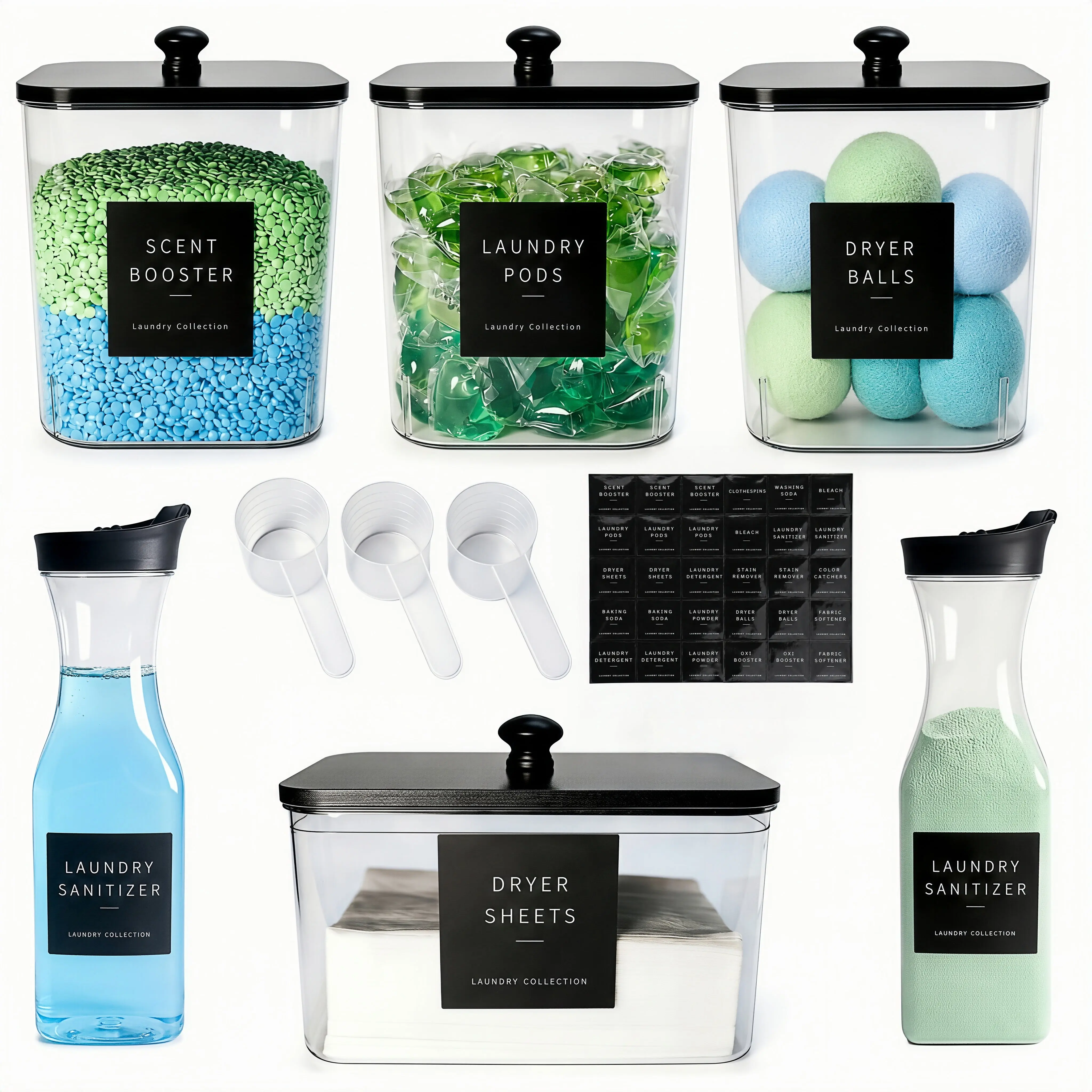 6  Pack Laundry Pods Containers & Dryer Sheet Holder & Laundry Detergent Dispenser, Laundry Room Organization and Storage Jars with Lids, Labels and Scoops for Scent Booster, Powder, Pods