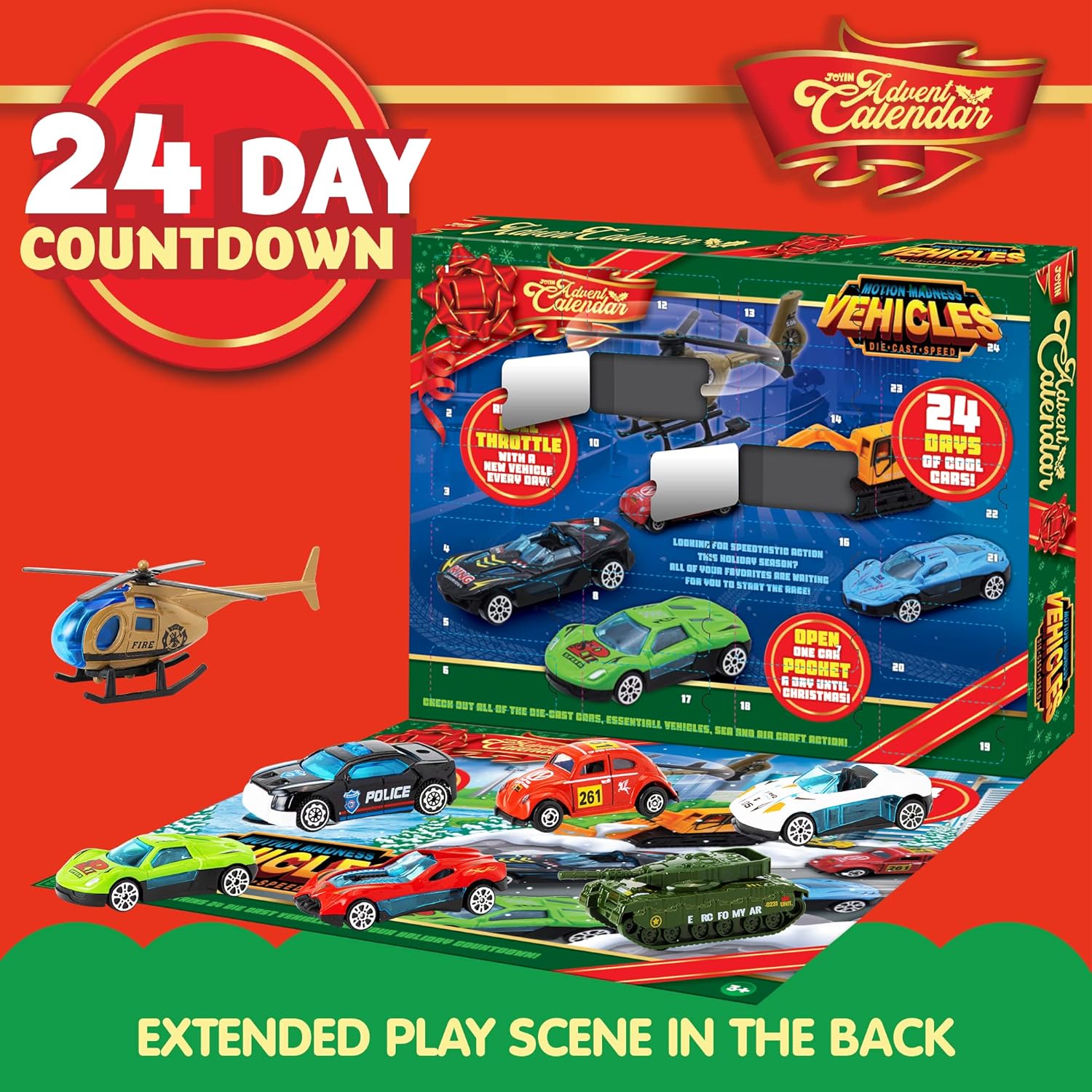 Kids playing with diecast vehicles from advent calendar