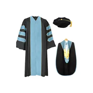 Doctoral Graduation Gown Set for Men and Women 8-Sided Light Blue Velvet Tam, Light Blue-Accented PhD Hood & Academic Regalia Robe Deluxe Quality Menswear Clothes Costumes Student