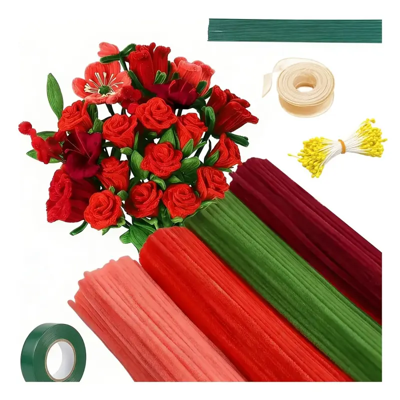 372pcs Pipe Cleaner Craft Kit - 4 Vibrant Colors Chenille Stems with 150 Flower Stamens, 20 Flower Stems, Ribbon &Floral Tape | Pack for Easy DIY | Beginner Friendly Art Supplies, Diy Floral Decoration for Mother's Day, Weddings, Birthday Gifts
