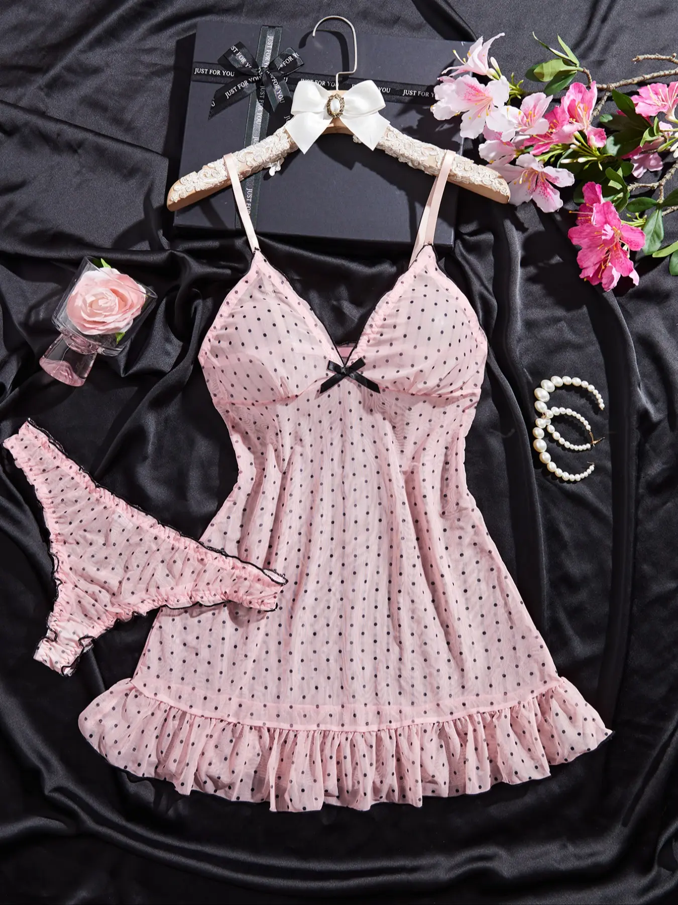 Women's Sexy Elegant Pajama Set, Nightwear, Sleeveless, Polka Dot Ruffled Hem, Lightweight Knit Fabric, Semi-Transparent, Romantic Gift, Loungewear