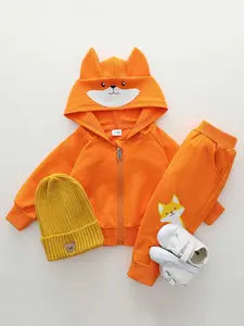 2PCS Baby Toddler Cute Cartoon Fox Print Hooded Zipper Long Sleeve Set Outfit, Baby Clothing, Spring & Fall, 2 Piece Set, Cozy, Comfortable and Stylish, Fitted Style