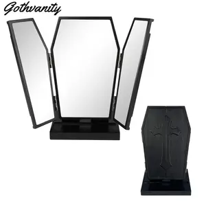 Gothic Coffin TriFold Mirror, Solid Wood Vanity Mirror with Adjustable Angle & Storage Tray - Gothic Makeup Mirror for Dressing Table, Perfect Gift for Goth Girls