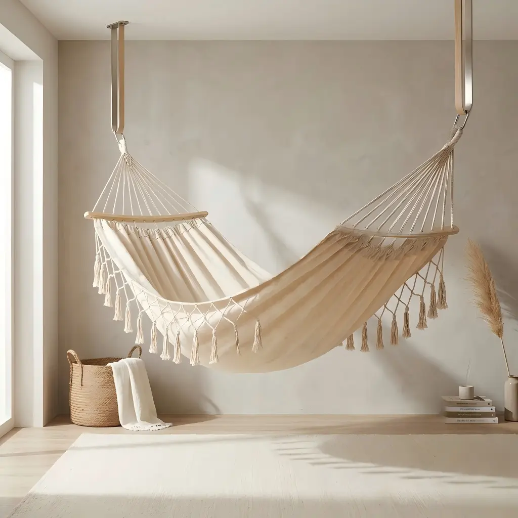 Double Macrame Hammock Hanging Swing - 500lbs Max Weight Capacity, Beige Hammock Camping Indoor-Outdoor Patio Furniture