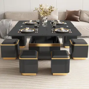 Guyii Lift Top Coffee Table with Wheels Hidden Storage & 4 Stools Multi Functional Expandable Table for Living Room Dining Home Office Foldable Design Black Gold Accents Modern Furniture Workstation