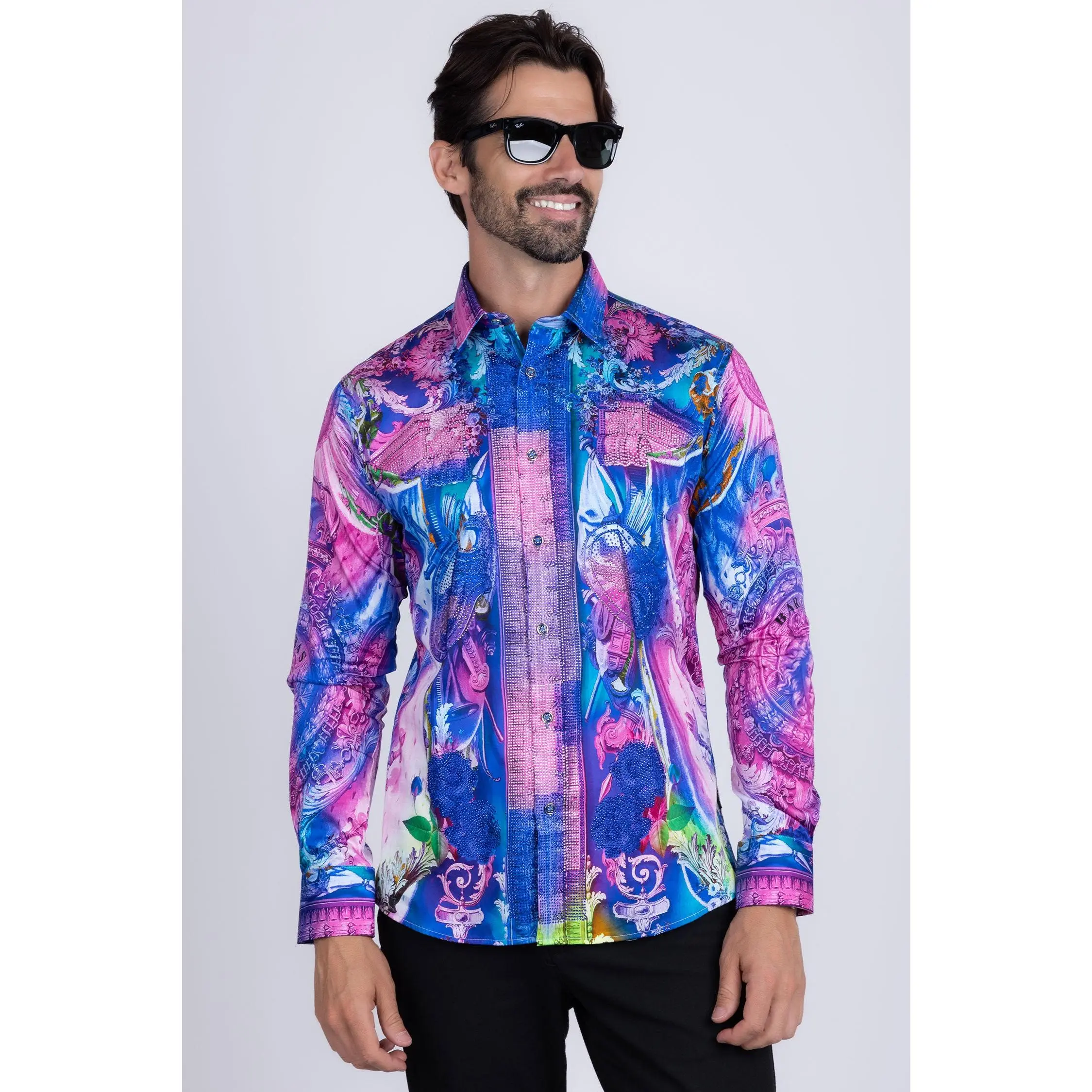 Barabas Men's Crown Design Rhinestone Shirt - Long Sleeve Baroque Cotton Shirt Fabric Floral