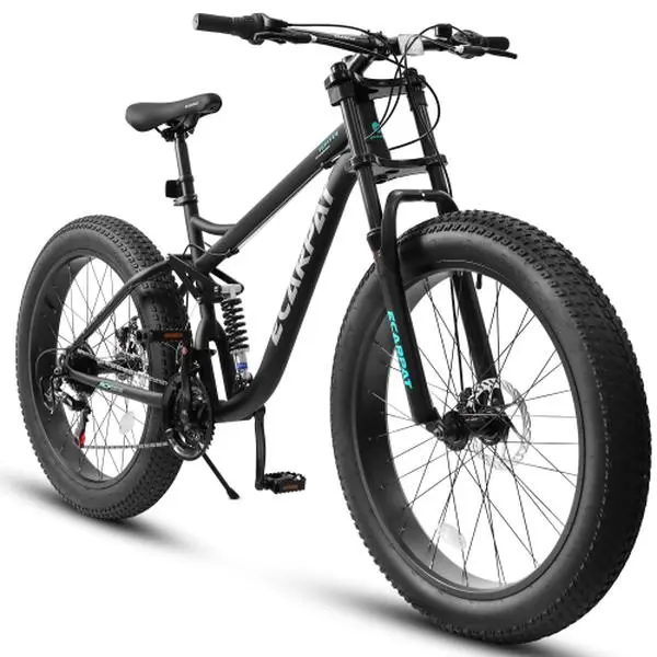 26-Inch Fat Tire Mountain Bike for Men, Full-Suspension High-Tech Steel Frame with 21-Speed Shimano Twist Shifters & Disc Brakes, Comfortable Ride for Mountain Roads, Fat Tire Bike, High Tech Frame, Off-Roading, 4-Inch Fat Tires