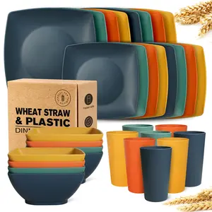 Teivio 32-piece Plastic Wheat Straw Square Dinnerware Set for 8, Unbreakable Dinner Plates, Salad Plates, Snack Bowls, Tumblers, Dishwasher Safe