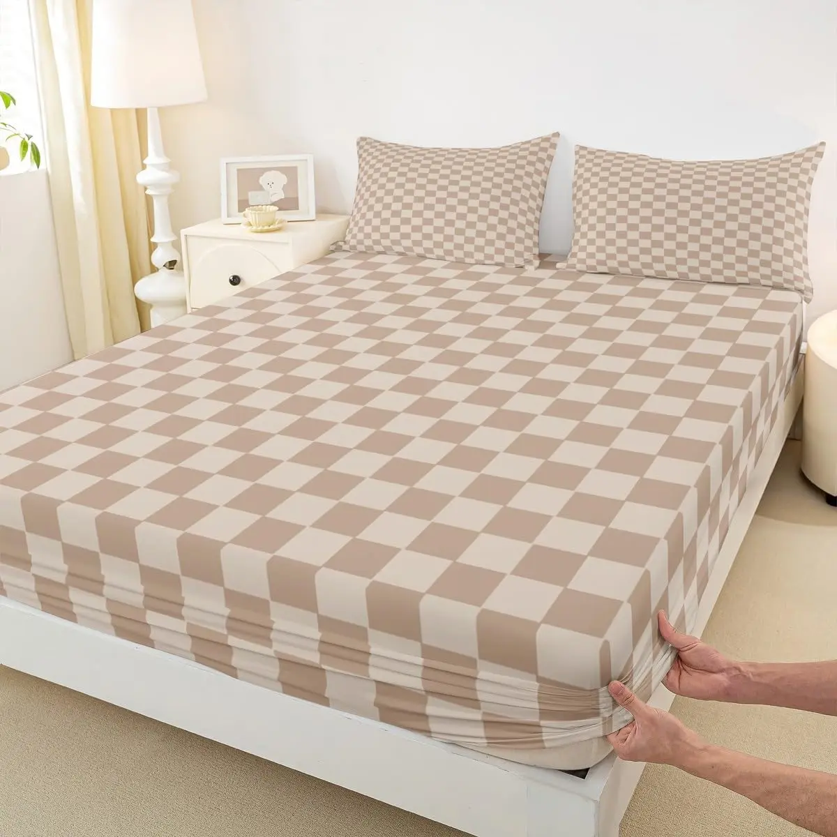 Check Fitted Sheets,Light Brown Checkered Bedding Set Woman Men Room Decor,Geometric Grid Deep Pocket Sheet Modern Plaid Bed Cover