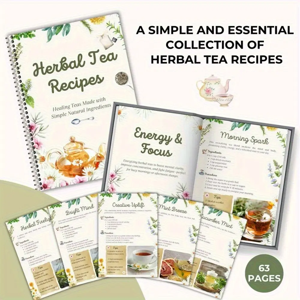 Herbal Tea Recipe Handbook, Spiral Bound, 50 Therapeutic Herbal Mixtures, Natural Detoxification, Relaxation, Seasonal Alignment, Health Guide