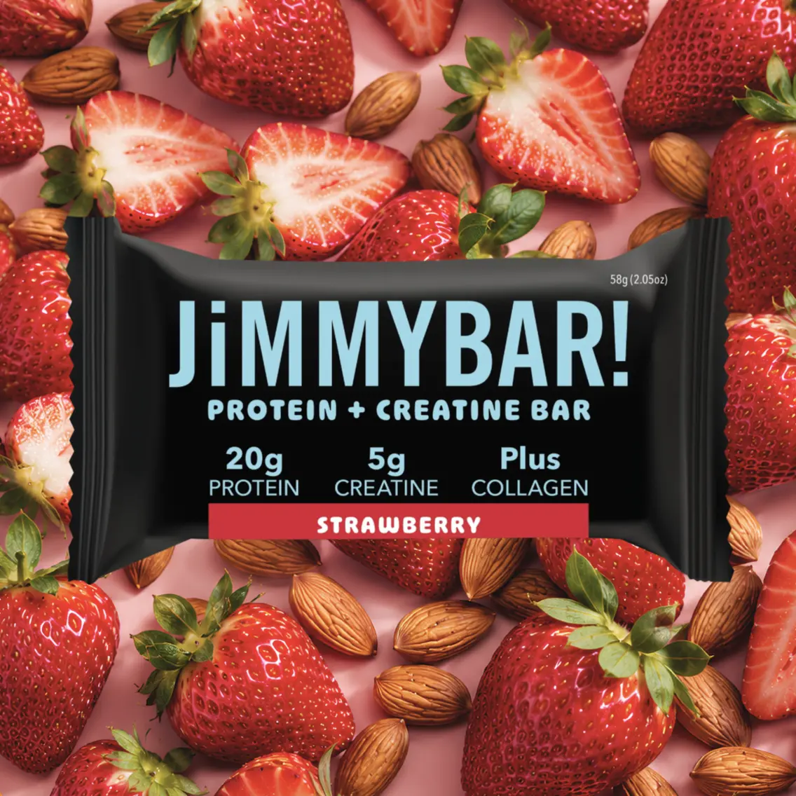 JiMMYBAR! Strawberry Creatine Protein Bar with Collagen - 20g Protein, 5g Creatine - Gluten-Free, Peanut-Free - 12 or 24 Count Box - Natural Ingredients, Homemade Almond Butter Base - Healthy Snack Ideas, Energy Snacks, Creatine Monohydrate, High Protein