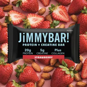 JiMMYBAR! Strawberry Creatine Protein Bar with Collagen - 20g Protein, 5g Creatine - Gluten-Free, Peanut-Free - 12 or 24 Count Box - Natural Ingredients, Homemade Almond Butter Base - Healthy Snack Ideas, Energy Snacks