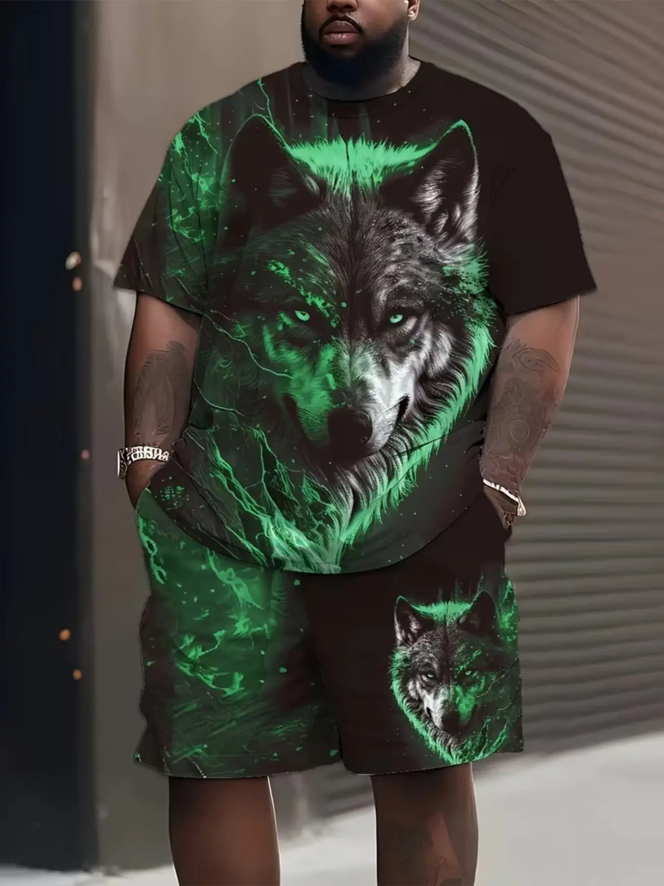 Men's Plus Size 3D Digital Wolf Print T-Shirt and Track Shorts Set, Casual Clothes, Polyester Fiber, Summer Sports, Party, Travel Gift