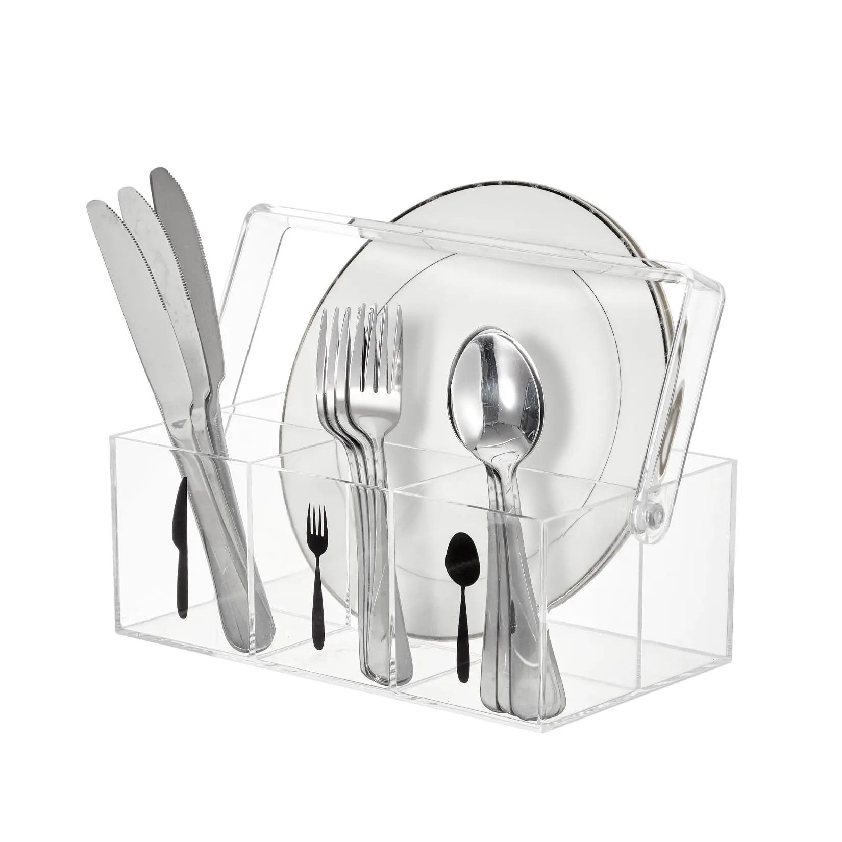 GARVEE Modern Acrylic Utensil Caddy with Handle - Plastic Organizer, Flatware Holder & Paper Plate Dispenser for Kitchen Countertops, Parties