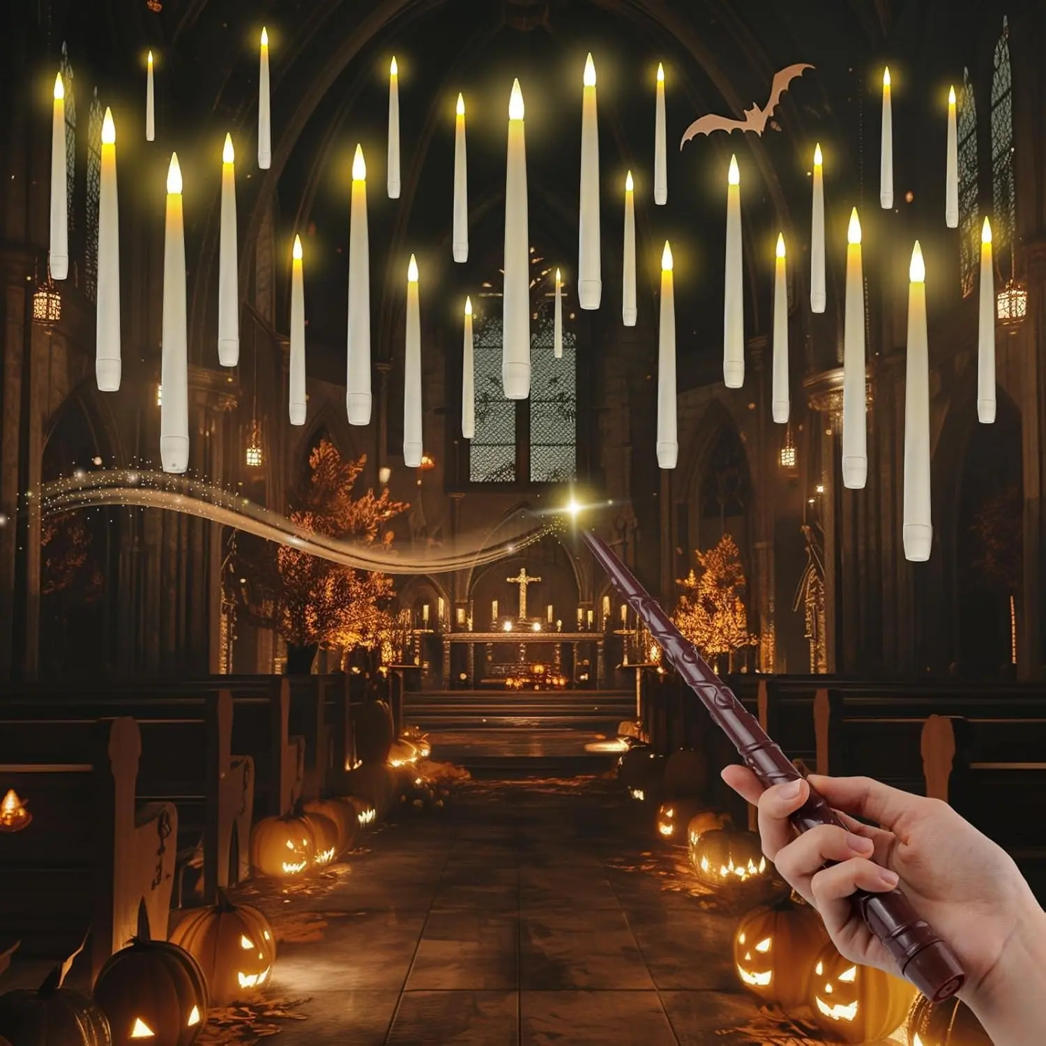 20 count Floating Candles with Wand Remote, Magic Hanging Candle with Timer, Flickering Warm Light Floating Candles for Halloween Christmas Birthday Party Decor
