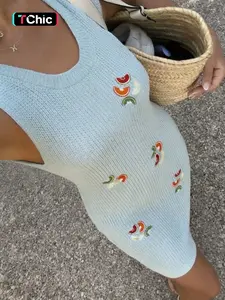 Elegant Women's Spring Summer Fashion Casual Home Leisure Weekend Holiday Beach Vacation Solid Watermelon Fruit Knit Pattern Ruched Hem Round Neck Sleeveless Short Slim Fit Vest Dress Sexy Date Party Dress