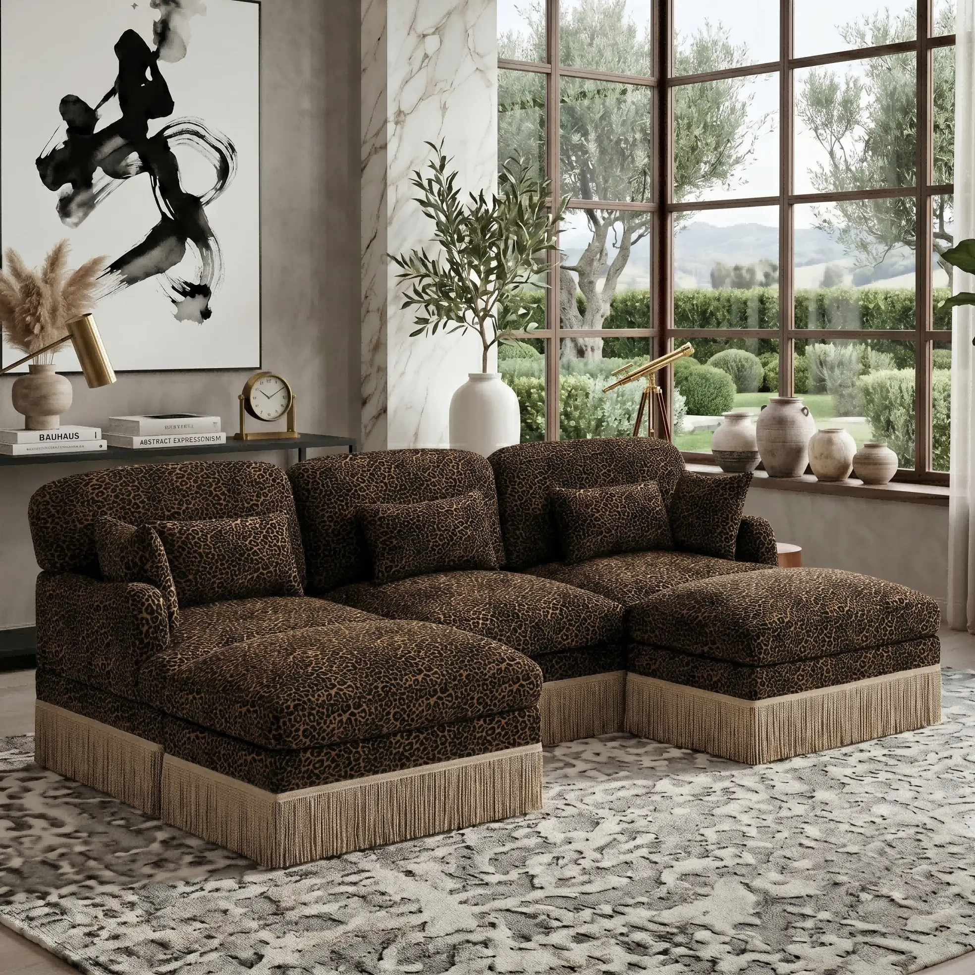 Eyisean 100" Skin-Friendly Chenille Modern Modular L/U-Shaped Sectional Couch - 3-Seater Ergonomic Deep Seat Upholstered Furniture, Leopard Print, Tassel Edge, Lumbar Pillow, Ottomans, Easy Assembly for Living Room Decor