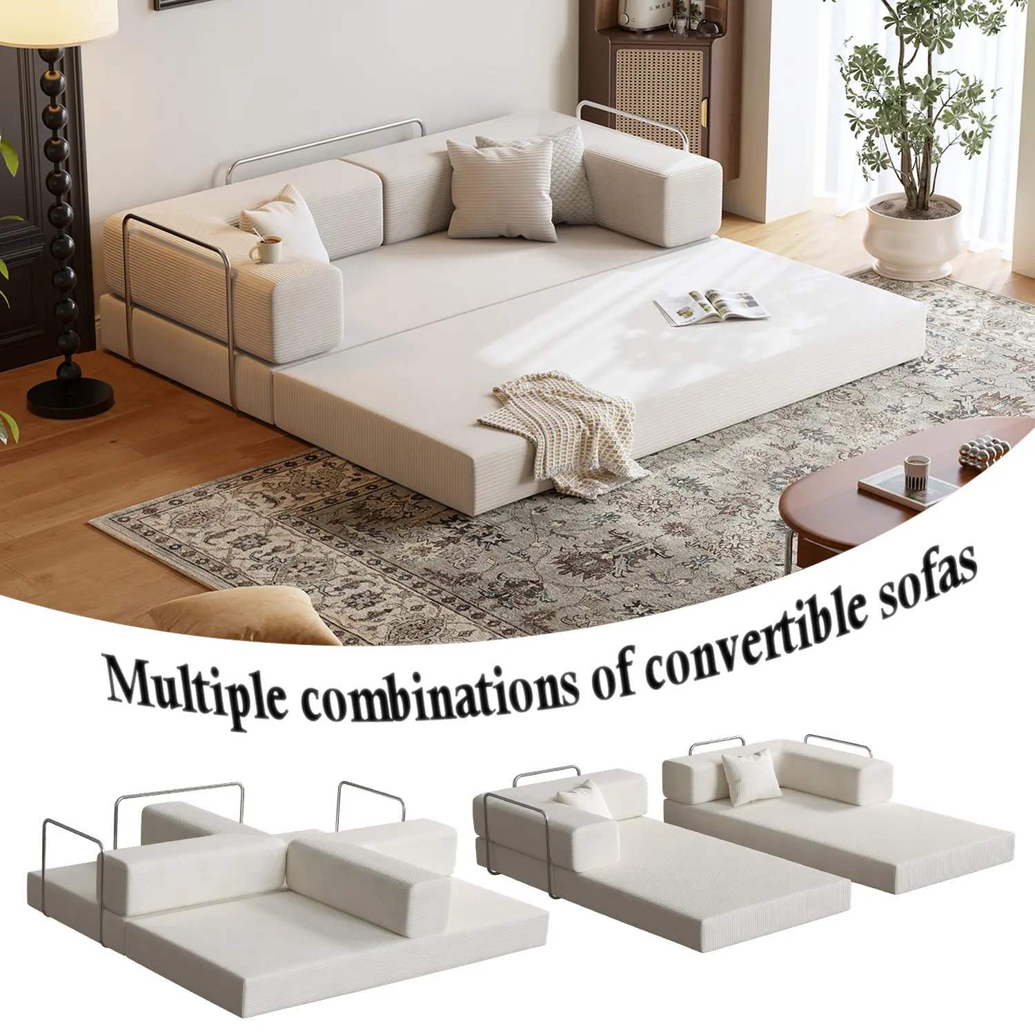 【LODEIJA】80.3" Oversized Boneless Couch,5-in-1 Convertible Sleeper Sofa Bed,Fully Foam-Padded,Removable Armrests,Deep-Seat Corduroy Modular Floor Sofa,Foldable Pull-Out Living Room Mattress Sofa,No Assembly Required,Comes with Two Pillows,DealsForYouDays