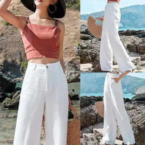 2026-2027-Women's High Waisted Wide Leg Linen Pants  Casual Button Up Cotton Trousers for Summer  Loose Comfy Beach Pants