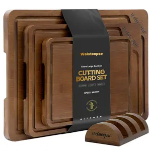 Welsteepse 3-Piece Bamboo Cutting Board Set Extra Large and Thicken Chopping Boards, with Storage Stand, Deep Juice Grooves, Non-Slip Rubber Feet, Double Handles and Premium Gift Box Cheese Boards for Cooking and Hosting Kitchenware