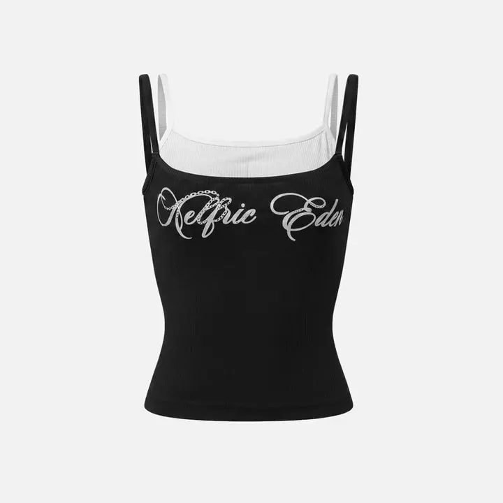 Aelfric Eden Contrast Layered Padded Cami Top Slim Cropped Fit Fake Two Piece Layer Design Built in Padded Cups Chest Cursive Logo Print High Stretch Ribbed Fabric Y2K Edgy Streetwear Women's Camisole