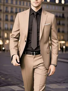 2pcs Men'S Slim Fit Black Suit Set - Long Sleeve, Polyester Blazer & Dress Pants with Pockets - Lapel Collar, Button Detail, All-Season Formal Wear, Business Attire Clothes for Weddings, Work, Business Meetings, Tailored Fit