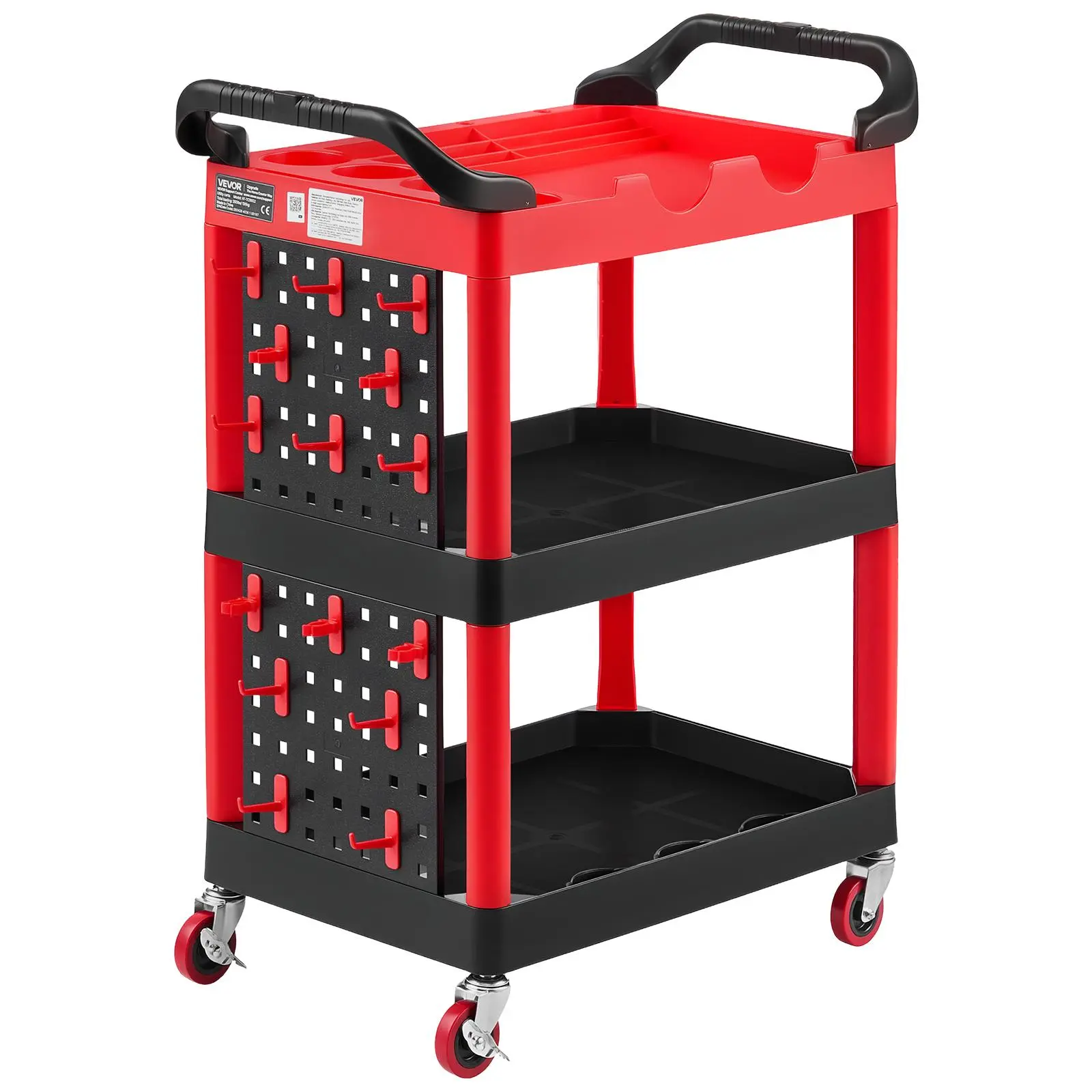 VEVOR Heavy Duty Compact Plastic Utility Cart Organizer, 300 lbs Capacity 3-Tier Service Cart with 360° Swivel Brake Wheels, Trays, Pegboards, Racks, Tool Holder for Detailers’ Waxing, Garage Duty, Polishing, Coating