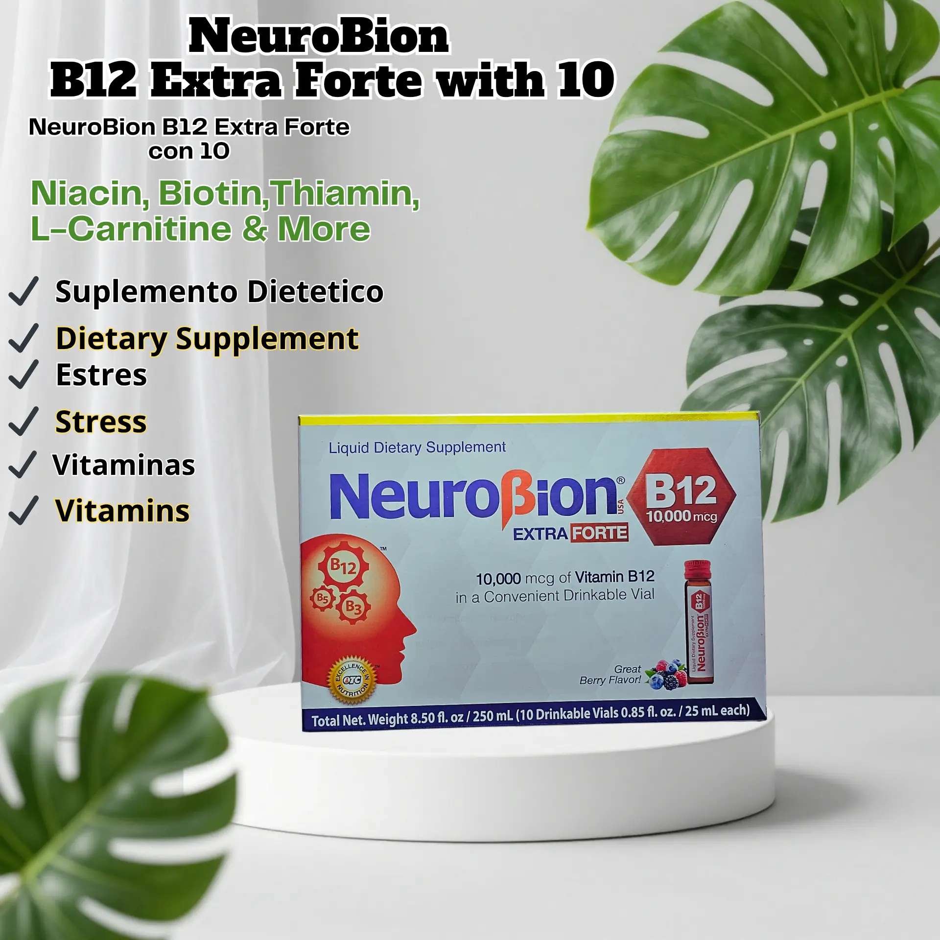 NeuroBion B12 Extra Forte Vitamin Dietary Supplement, Immune Support, 10-Vial Pack