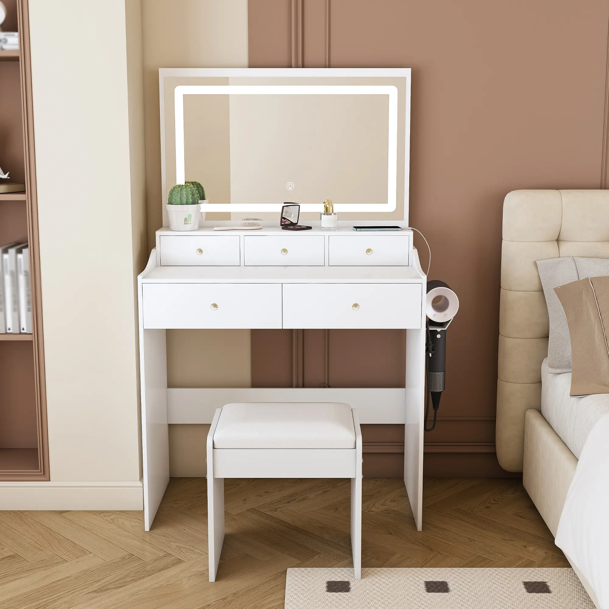 Luxury Vanity Set with LED Light & HD Mirror, 6 Storage Drawers, Hair Dryer Stand, and Adjustable Brightness – Complete Dressing Table with Matching Stool
