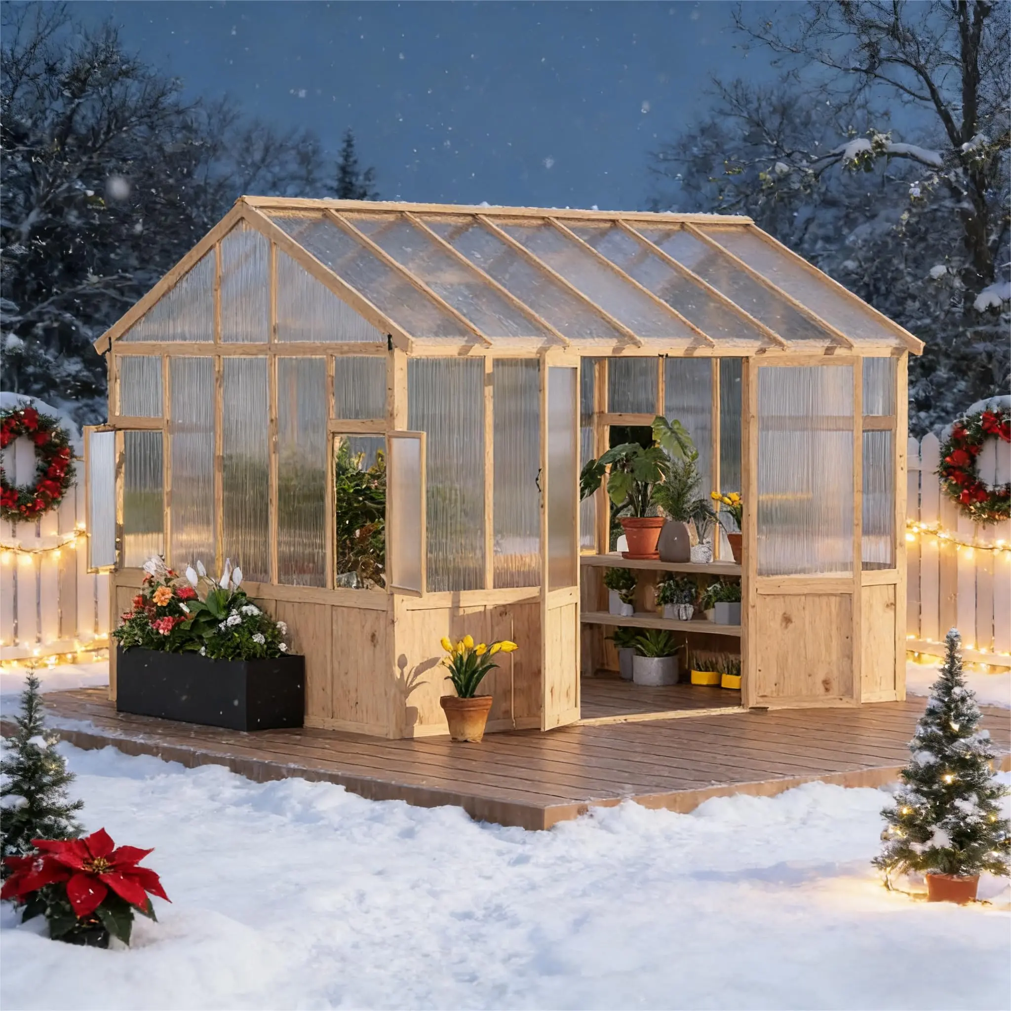 Garvee 8x12 FT Heavy-Duty Fir Wood & Aluminium Walk-In Greenhouse Kit, 6mm Polycarbonate Structure with Ventilated Window, Lockable Door, Natural Light Support for Outdoor Backyard Plant Growing Set