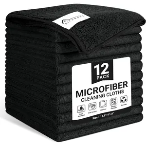 Microfiber Cleaning Cloth, 12 Pack Lint-Free and Highly Absorbent Rags, Black  Microfiber Towels for , Kitchen, Bathroom and Household Cleaning Supplies, 11.8"X11.8"