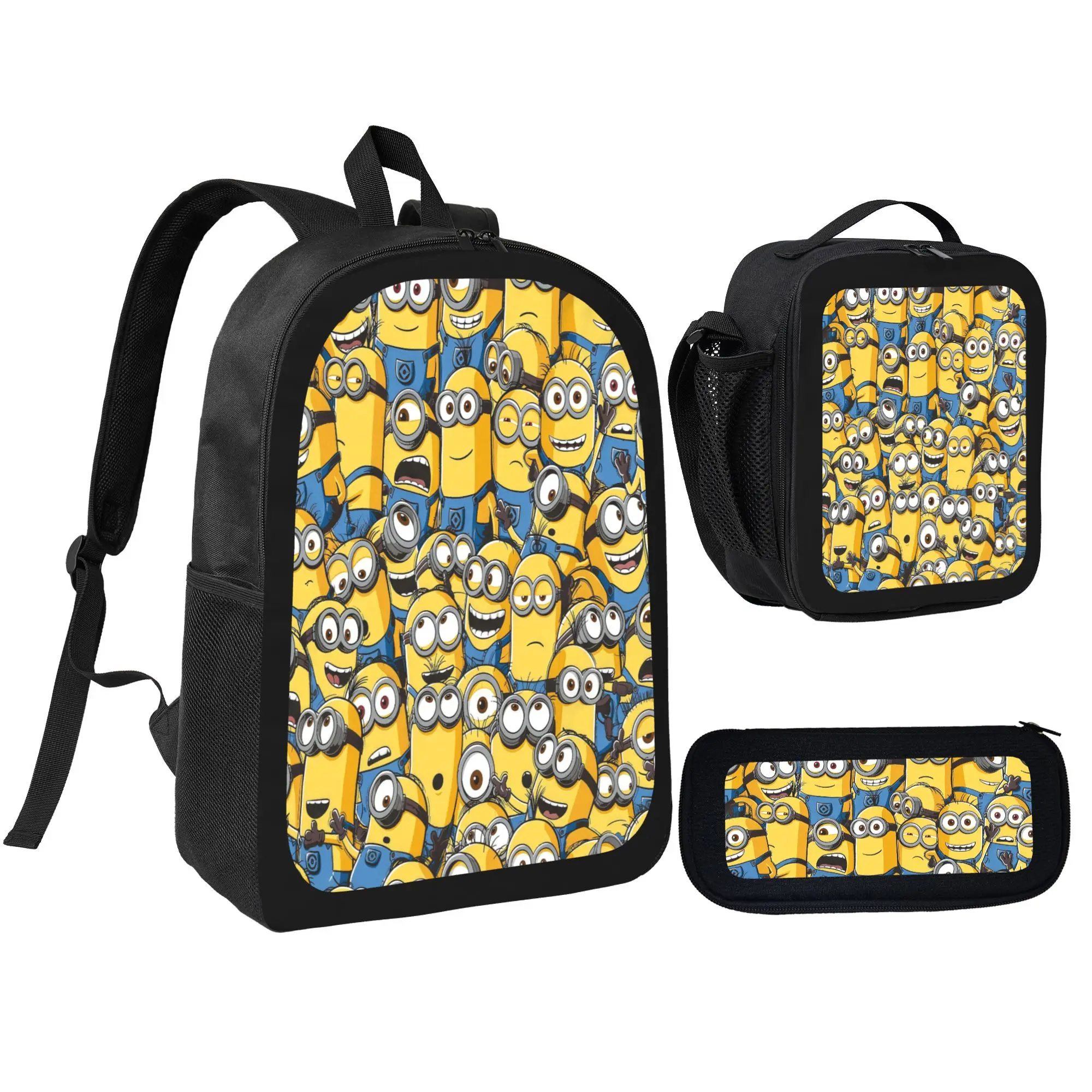 3pcs Cartoon Backpack Minions School Bag, Pencil Case, Insulated Lunch Bag - Polyester Lightweight for Daily Use, Zoo, Park & Holiday